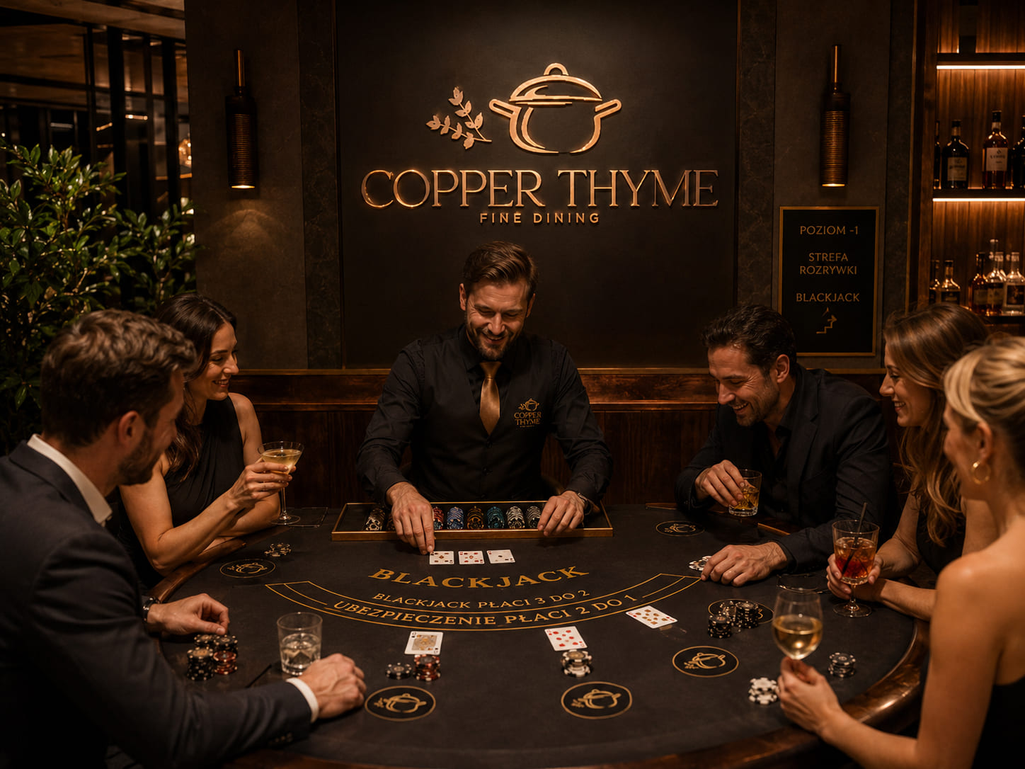 Krupier rozdaje karty gościom przy stole do blackjacka
