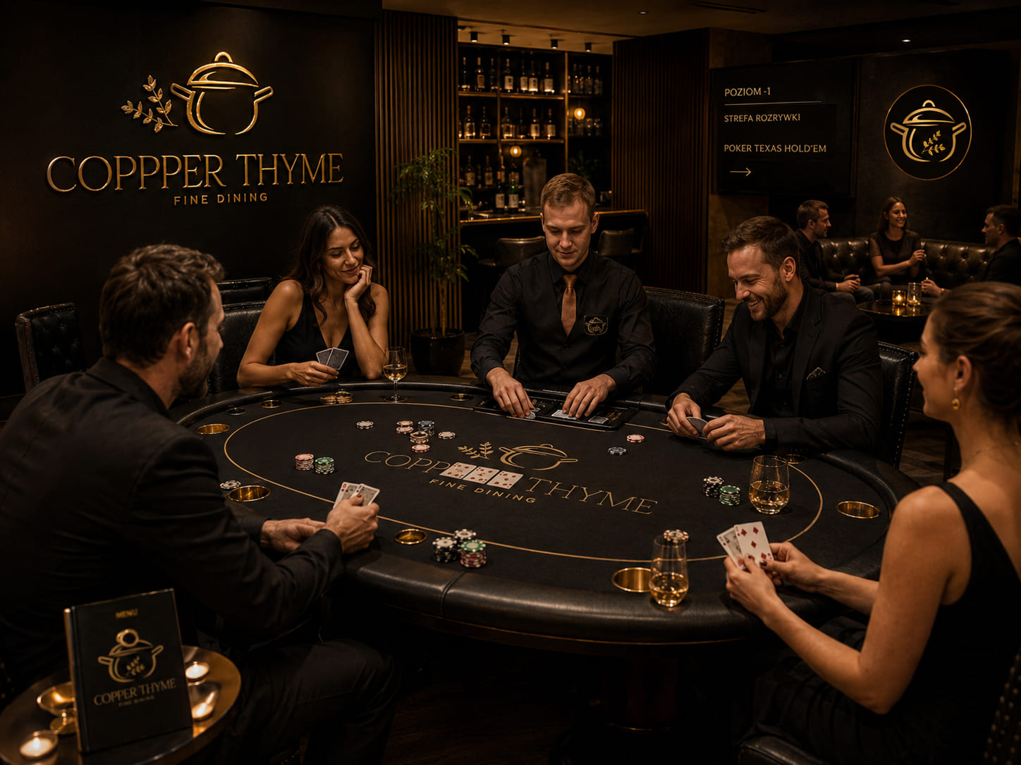 Goście przy stole do pokera Texas Hold'em z krupierem