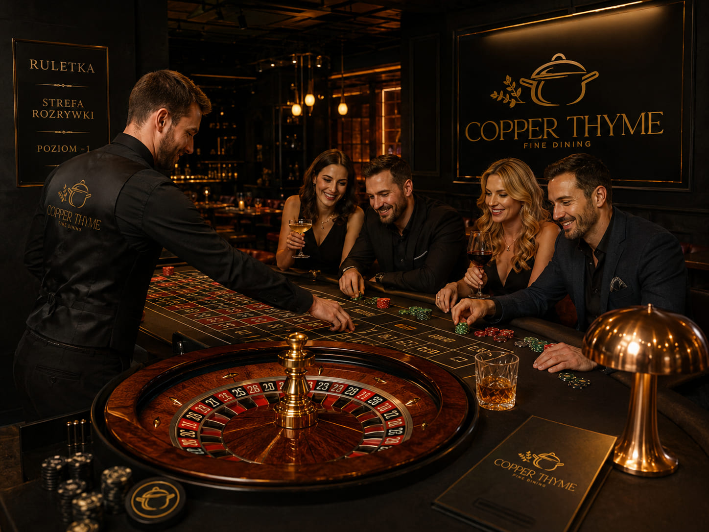 Stół do ruletki w kasynowym lounge Copper Thyme — krupier i goście przy grze