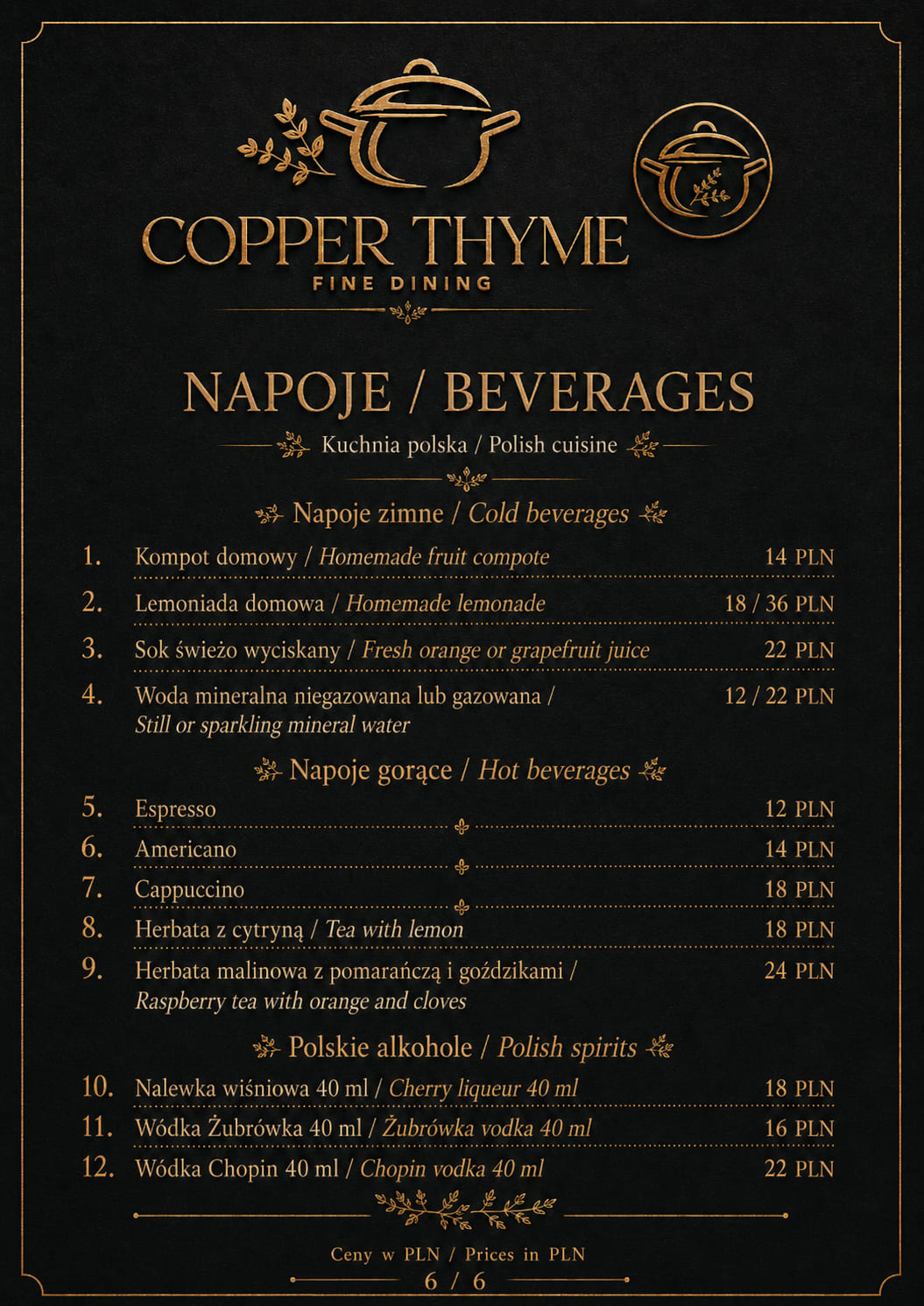 Strona karty menu z napojami i polskimi alkoholami