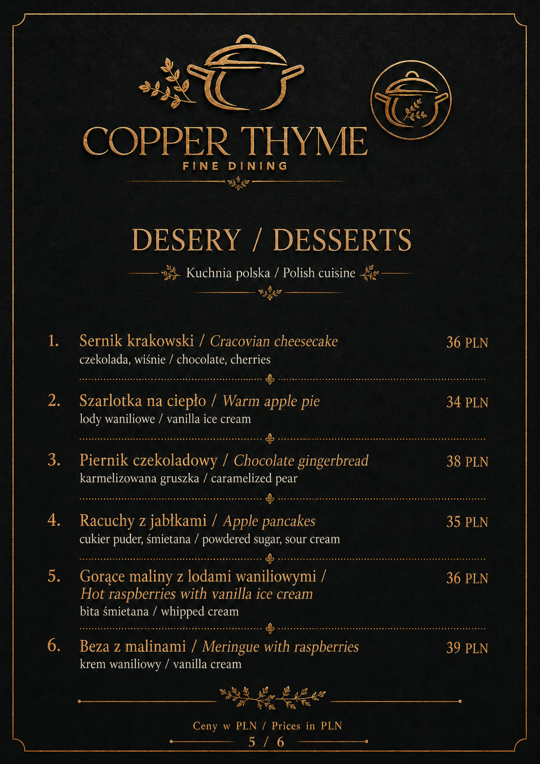 Strona karty menu z deserami
