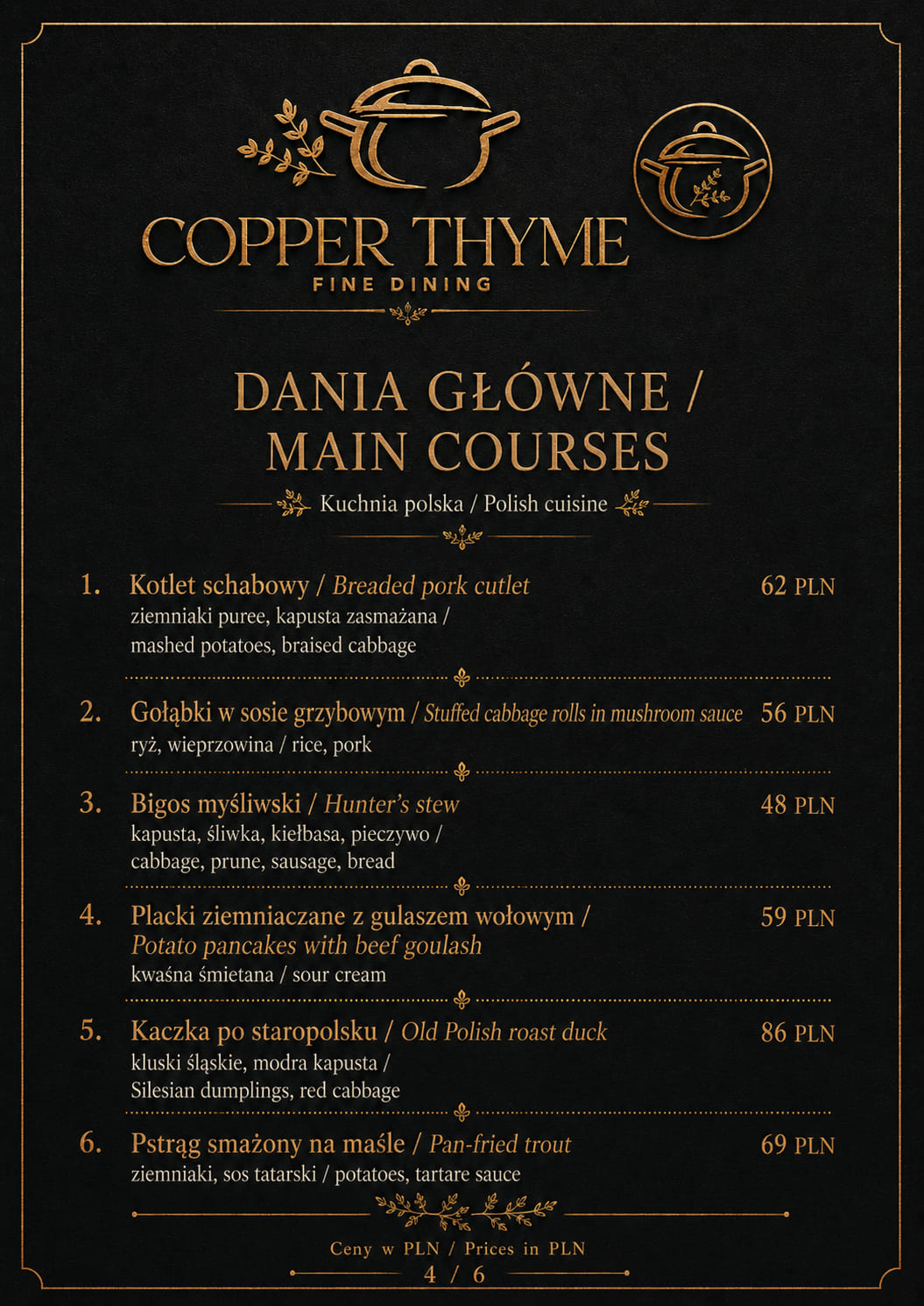 Strona karty menu Copper Thyme z daniami głównymi kuchni polskiej