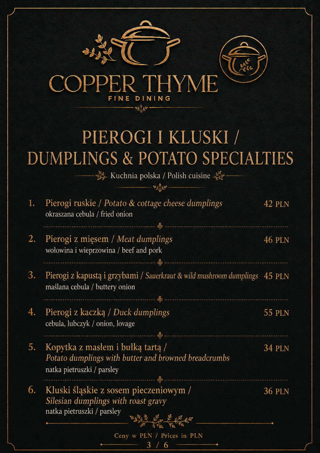 Strona karty menu z pierogami i daniami ziemniaczanymi