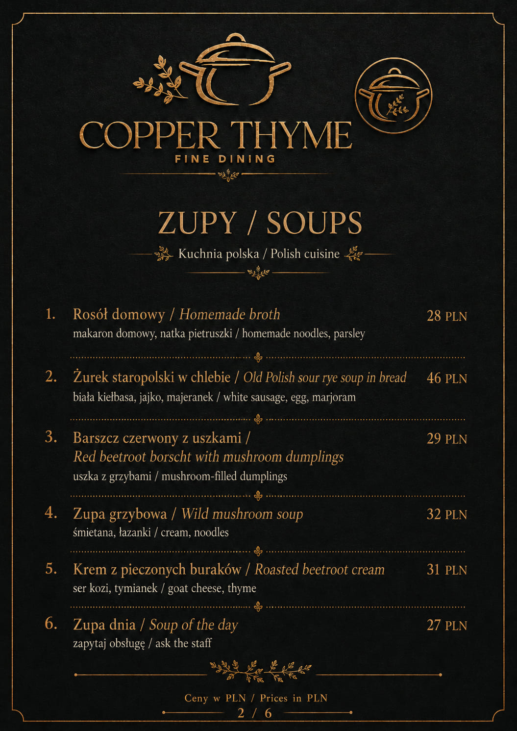 Strona karty menu z zupami kuchni polskiej