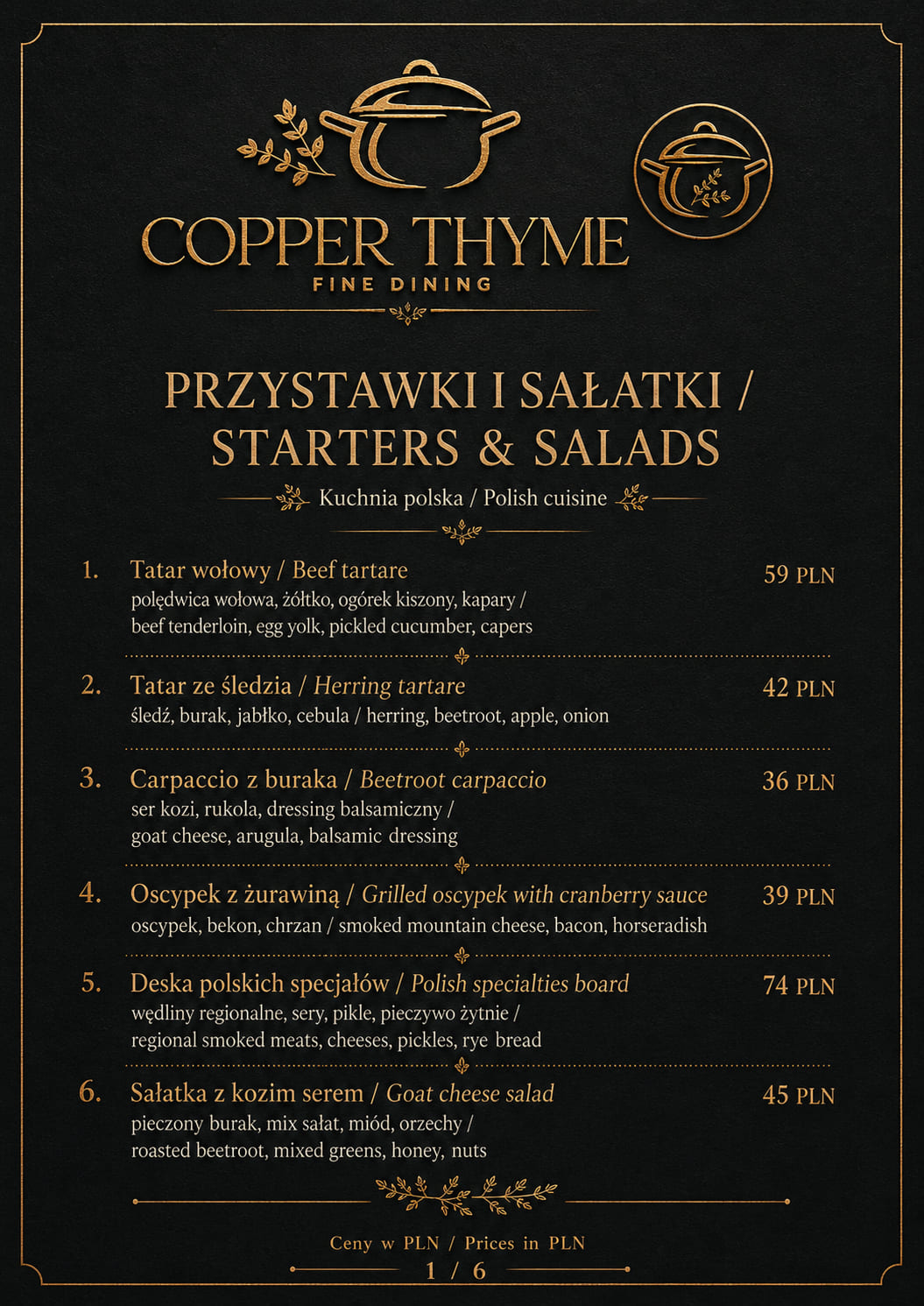 Strona karty menu z przystawkami i sałatami