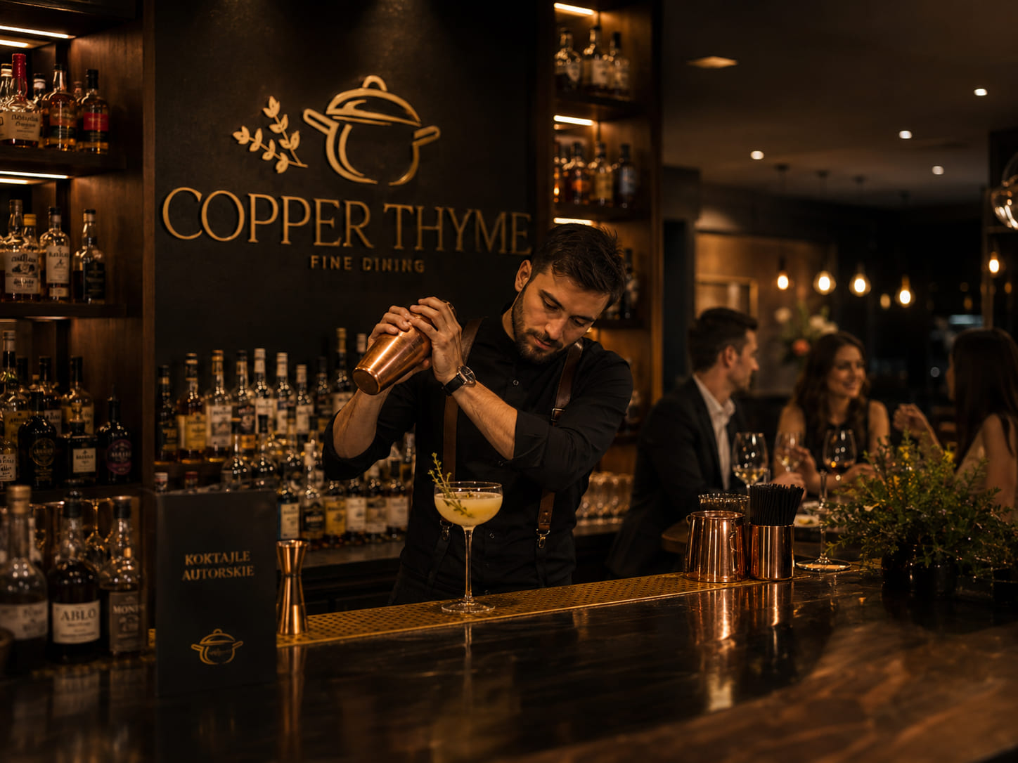 Barman Copper Thyme wstrząsający koktajl za podświetlonym barem