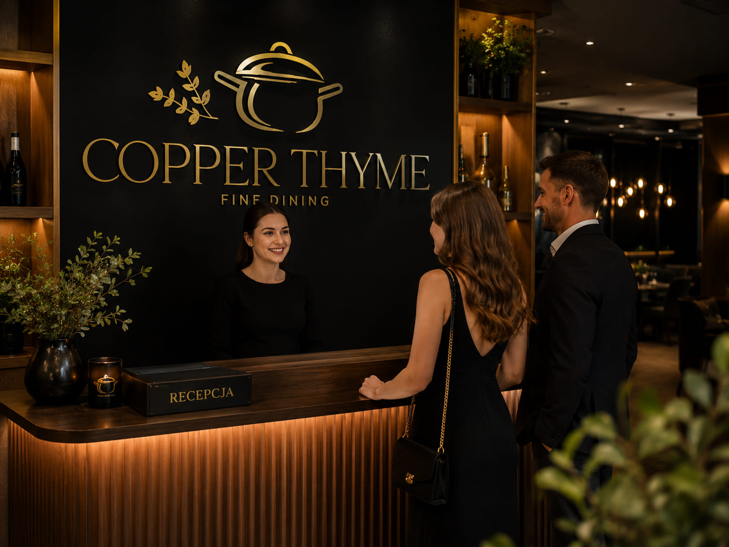 Recepcja Copper Thyme — hostessa wita parę gości
