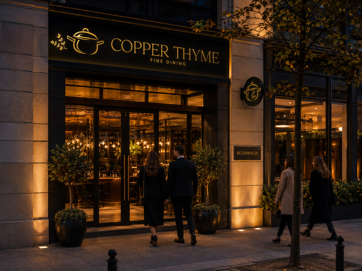 Wejście do restauracji Copper Thyme wieczorem — podświetlony złoty szyld i goście wchodzący do środka
